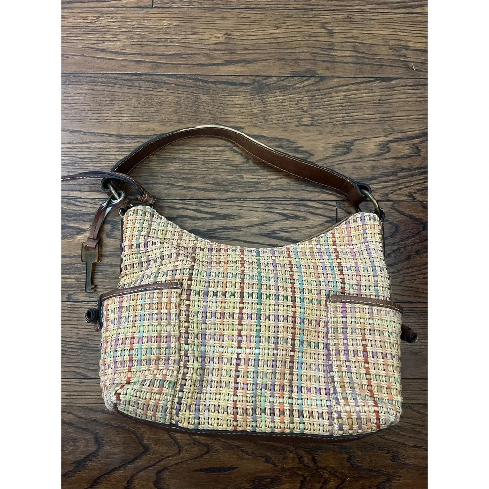 Fossil Straw Woven Hobo Bag Multicolor Leather Trim Summer Boho Purse